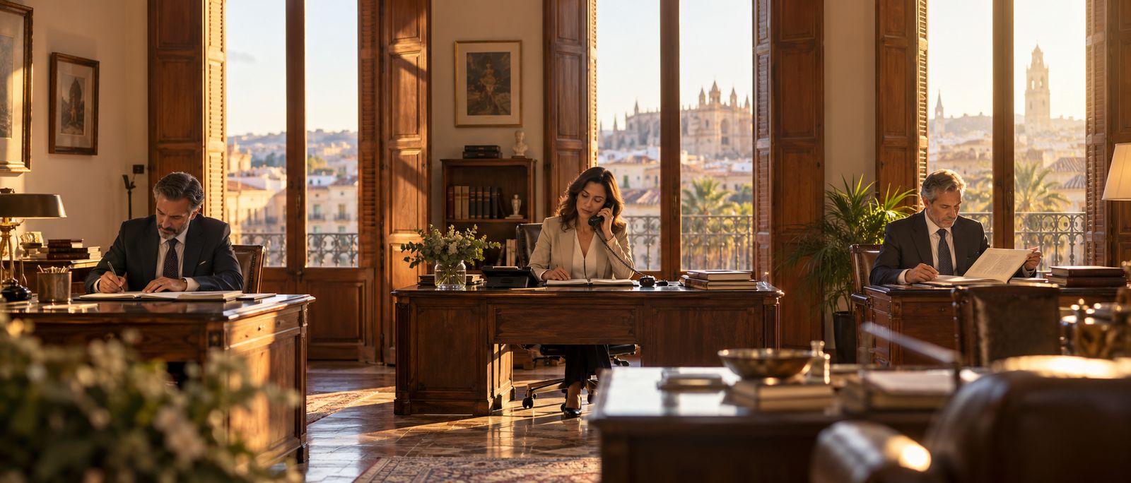 Un despacho a última hora de la tarde: una persona firma un documento, otra habla por teléfono y otra revisa una carpeta