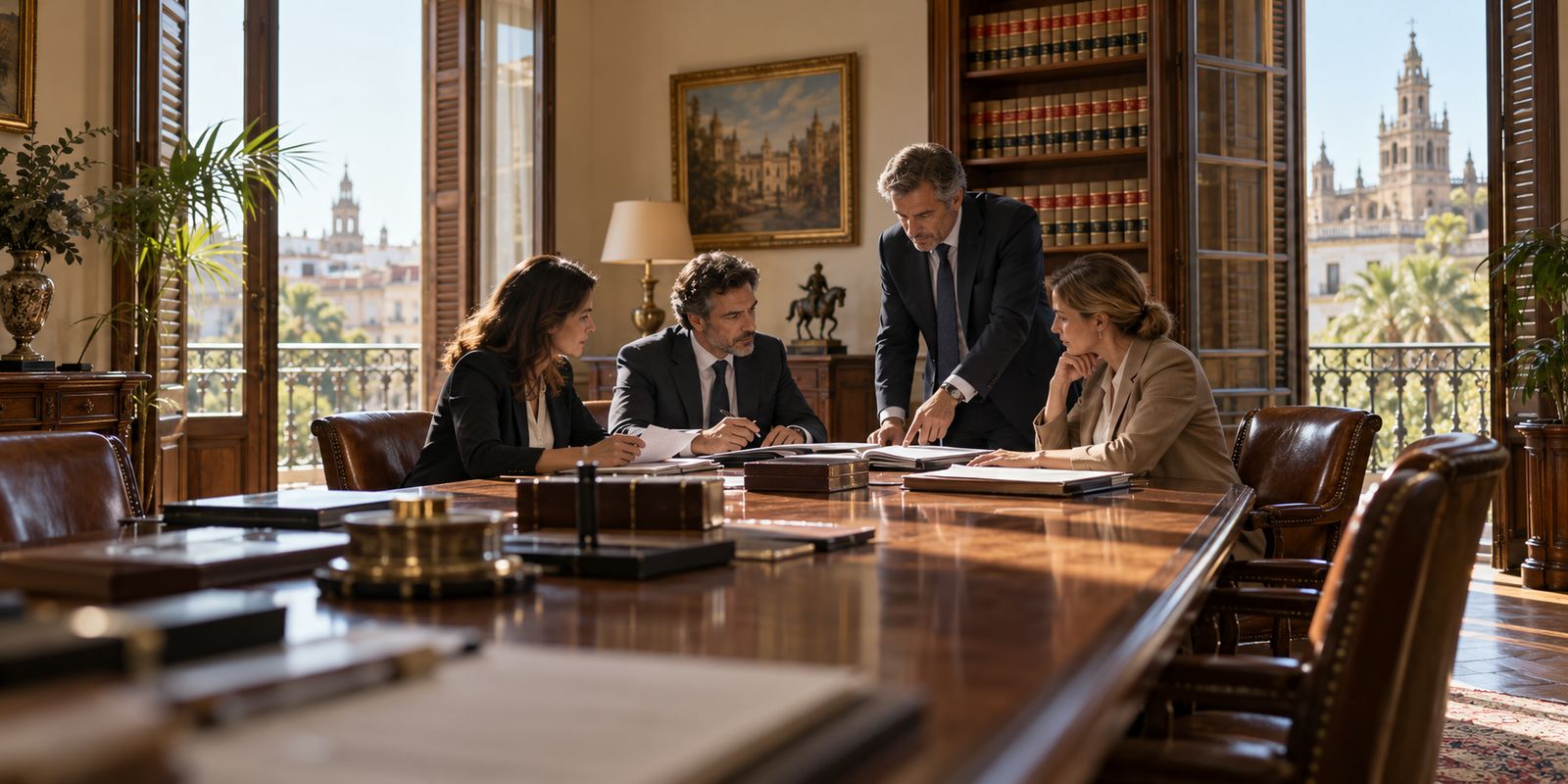 Cuatro abogados revisan carpetas y escritos alrededor de la mesa larga de la sala de reuniones del despacho