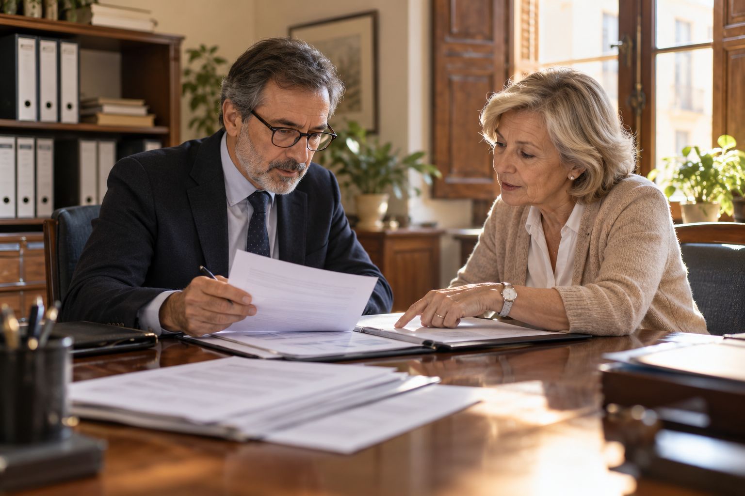Un gestor revisa con una clienta jubilada la carpeta de documentación de su renta, sentados a la mesa de la gestoría