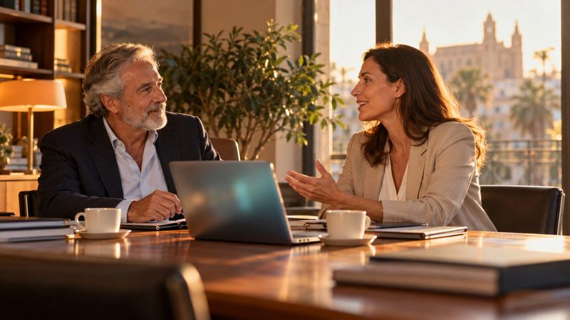 Una abogada y un socio conversan en la mesa del despacho con un portátil