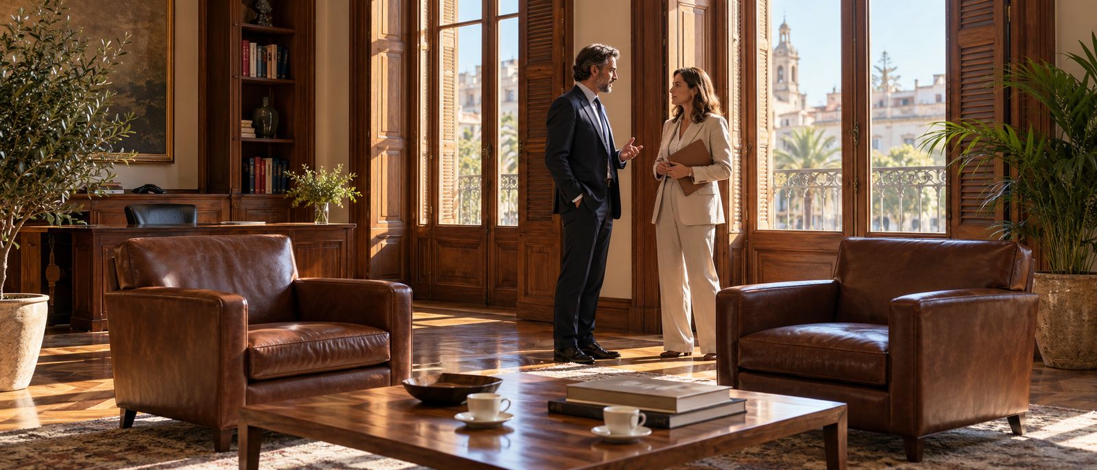 La sala de reuniones de un despacho, con dos sillones de cuero y café en primer término y dos personas conversando junto a la ventana