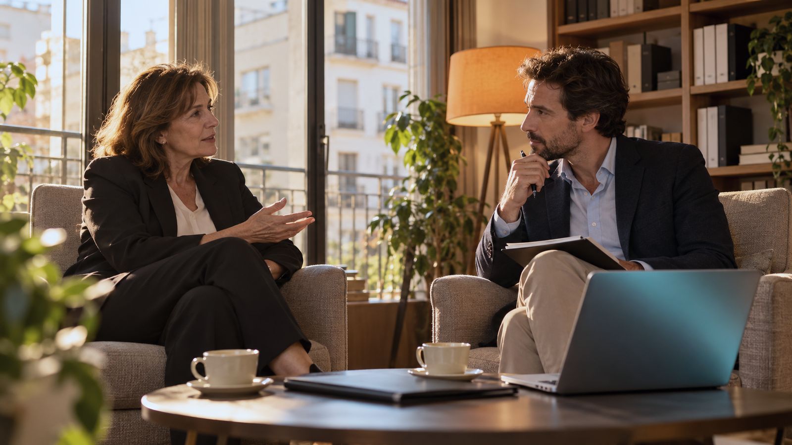 Una socia y un asesor conversan en butacas junto a la ventana, con un café y una libreta