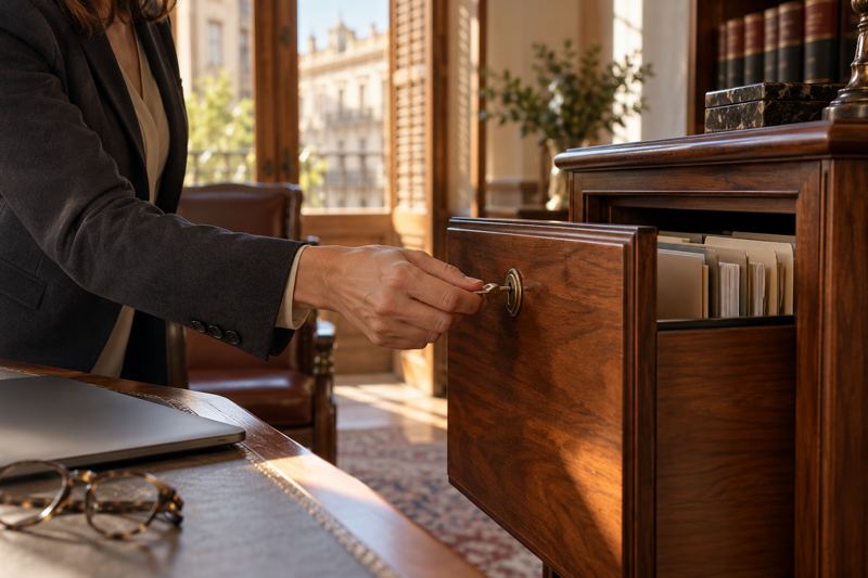 La mano de una abogada cierra con llave el cajón de un archivador de expedientes
