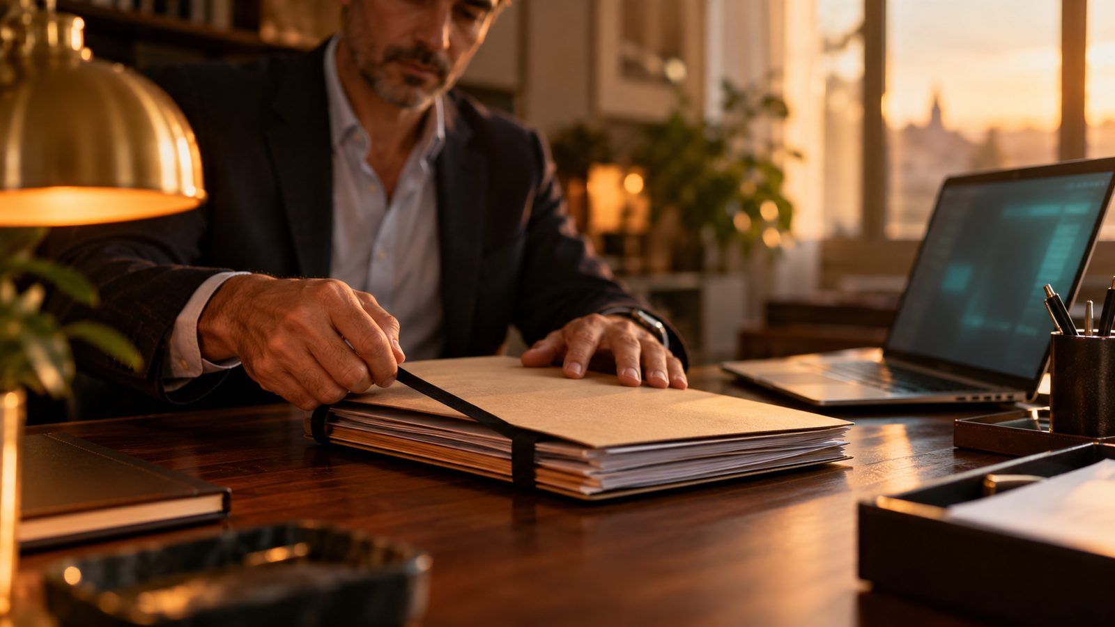 Un abogado cierra una carpeta de expedientes sobre su mesa, junto a un portátil, con la luz de la tarde